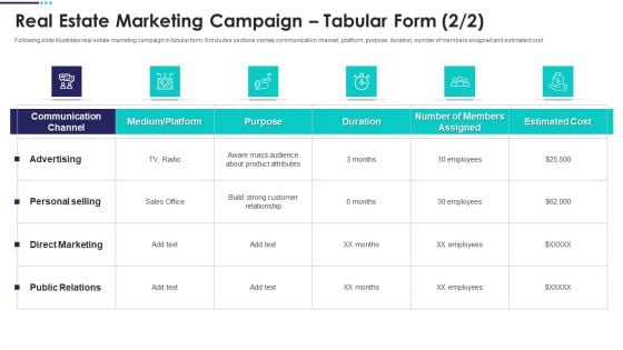 Real Estate Marketing Plan To Sell Real Estate Marketing Campaign Tabular Portrait PDF Real Estate Marketing Plan To Sell Real Estate Marketing Campaign Tabular Portrait PDF