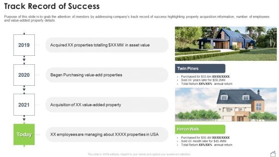 Real Estate Property Pitch Deck Track Record Of Success Ppt Diagrams PDF