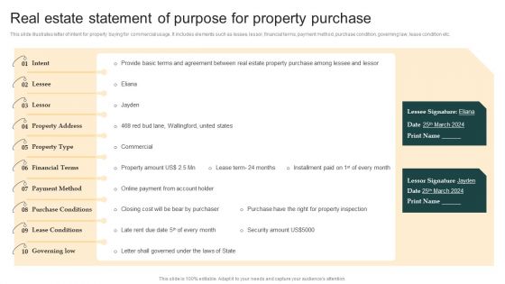 Real Estate Statement Of Purpose For Property Purchase Topics PDF