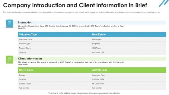 Real Estate Valuation Approaches For Property Shareholders Company Introduction And Client Information In Brief Diagrams PDF