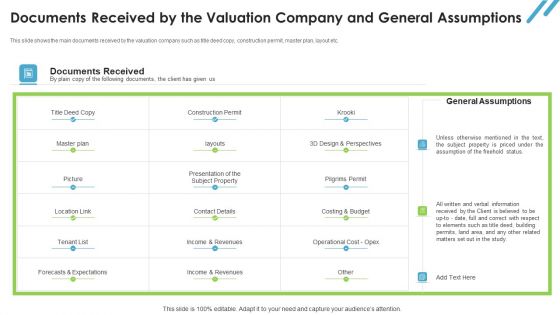 Real Estate Valuation Approaches For Property Shareholders Documents Received By The Valuation Company And General Assumptions Guidelines PDF