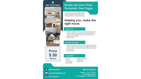 Realty Services Flyer Template One Pager PDF Document PPT Template