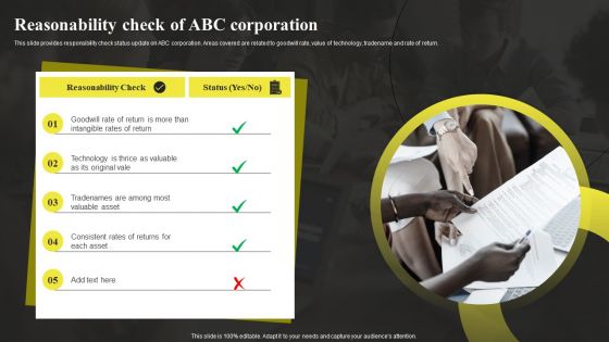 Reasonability Check Of Abc Corporation Sample Asset Valuation Summary Pictures PDF