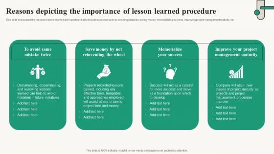 Reasons Depicting The Importance Of Lesson Learned Procedure Icons PDF