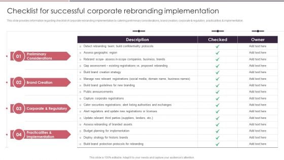 Rebranding Brand Fresh Face Development Checklist For Successful Corporate Rebranding Elements PDF