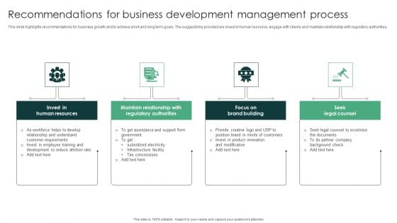 Recommendations For Business Development Management Process Summary PDF