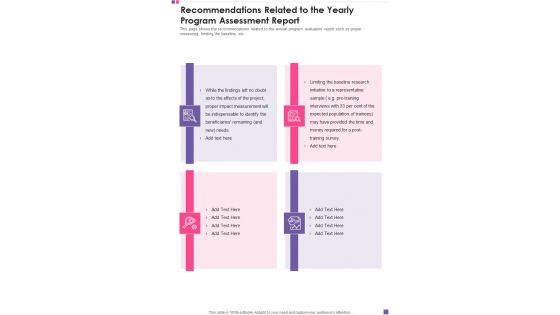Recommendations Related To The Yearly Program Assessment Report Template 120 One Pager Documents Recommendations Related To The Yearly Program Assessment Report Template 120 One Pager Documents