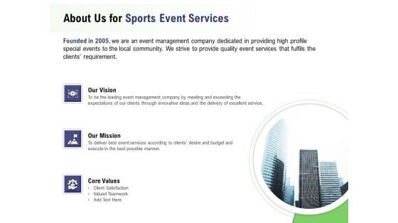 Recreational Program Proposal About Us For Sports Event Services Ppt Icon File Formats PDF