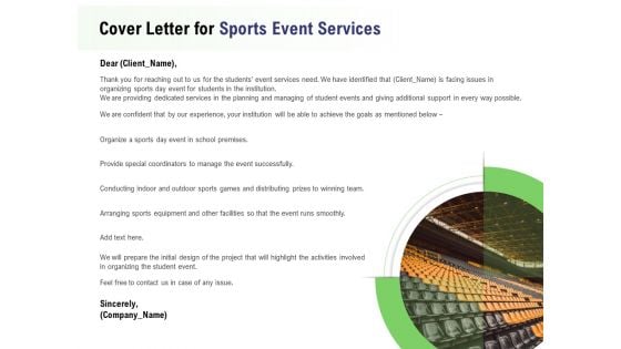 Recreational Program Proposal Cover Letter For Sports Event Services Ppt Infographics Slides PDF