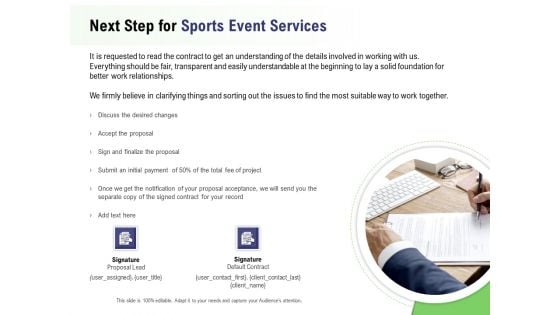 Recreational Program Proposal Next Step For Sports Event Services Ppt Model Background Image PDF