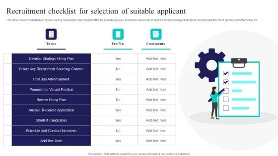 Recruitment Checklist For Selection Of Suitable Applicant Ppt PowerPoint Presentation File Elements PDF