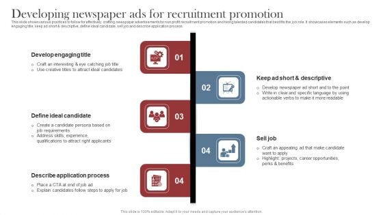 Recruitment Marketing Strategies For NPO Business Developing Newspaper Ads For Recruitment Promotion Infographics PDF