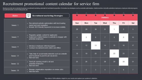 Recruitment Promotional Content Calendar For Service Firm Diagrams PDF