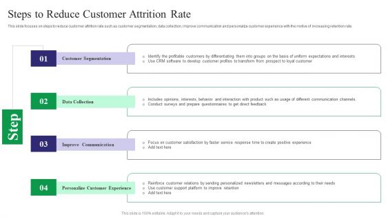 Reducing Customer Turnover Rates Steps To Reduce Customer Attrition Rate Summary PDF