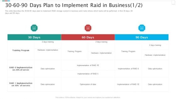 Redundant Array Of Independent Disks Storage IT 30 60 90 Days Plan To Implement RAID In Business Data Slides PDF Redundant Array Of Independent Disks Storage IT 30 60 90 Days Plan To Implement RAID In Business Data Slides PDF