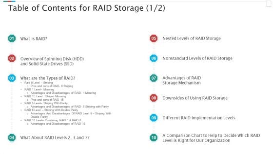 Redundant Array Of Independent Disks Storage IT Table Of Contents For RAID Storage Chart Download PDF