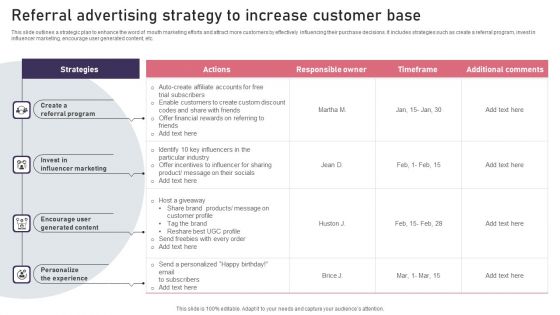 Referral Advertising Strategy To Increase Customer Base Icons PDF