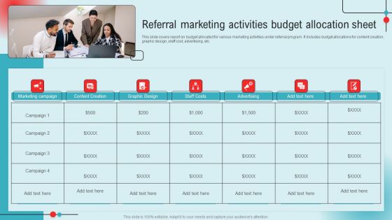 Referral Marketing Activities Budget Allocation Sheet Ppt PowerPoint Presentation Diagram Templates PDF