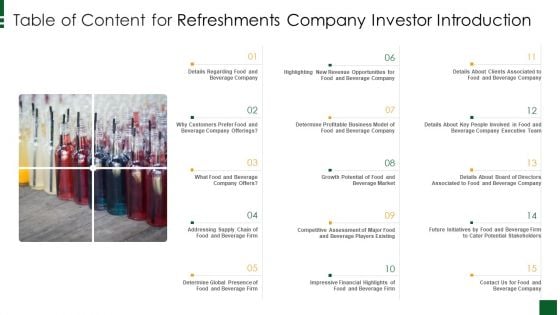 Refreshments Company Investor Introduction Table Of Content For Refreshments Company Investor Introduction Introduction PDF