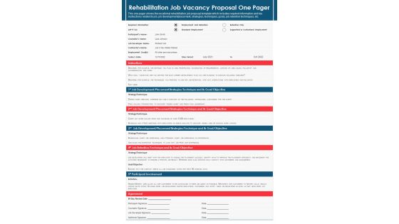 Rehabilitation Job Vacancy Proposal One Pager PDF Document PPT Template