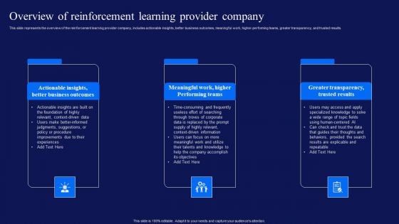 Reinforcement Learning Techniques And Applications Overview Reinforcement Learning Provider Company Diagrams PDF