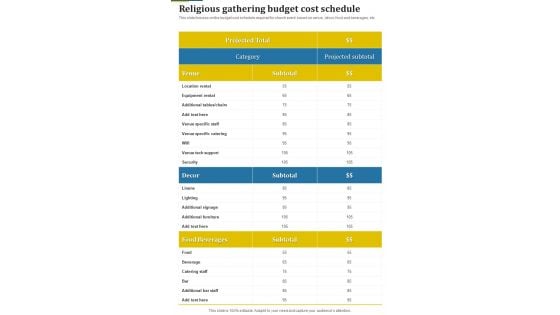 Religious Gathering Budget Cost Schedule One Pager Sample Example Document Religious Gathering Budget Cost Schedule One Pager Sample Example Document