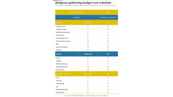 Religious Gathering Budget Cost Schedule One Pager Sample Example Document