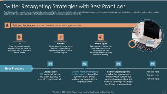 Remarketing Techniques Twitter Retargeting Strategies With Best Practices Background PDF