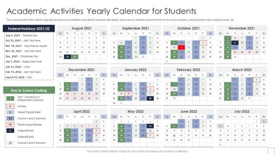 Remote Learning Playbook Academic Activities Yearly Calendar For Students Template PDF