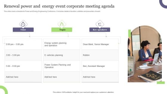 Renewal Power And Energy Event Corporate Meeting Agenda Infographics PDF