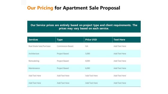 Rent Condominium Our Pricing For Apartment Sale Proposal Ppt Styles Guidelines PDF