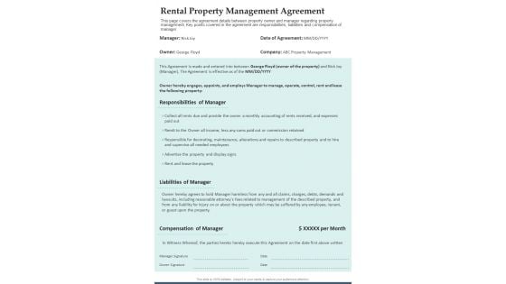 Rental Property Management Agreement One Pager Documents