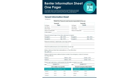 Renter Information Sheet One Pager PDF Document PPT Template