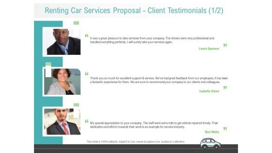 Renting Car Services Proposal Client Testimonials Communication Summary PDF