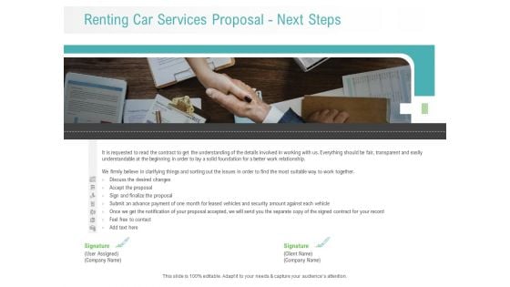 Renting Car Services Proposal Next Steps Ppt Infographics Design Ideas PDF