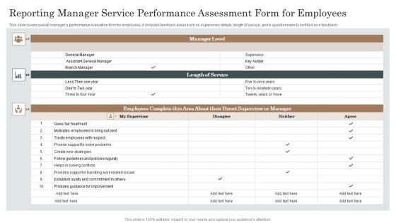 Reporting Manager Service Performance Assessment Form For Employees Background PDF