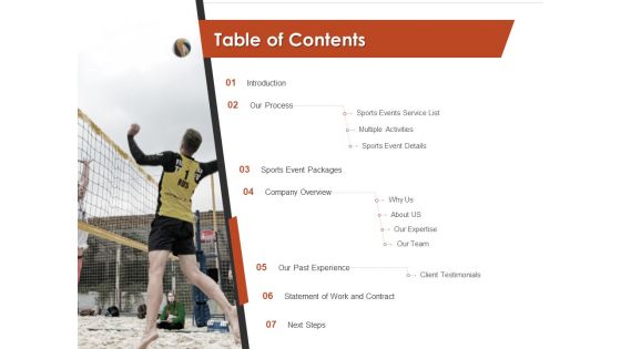 Request For Sporting Table Of Contents Experience Ppt Model Slides PDF