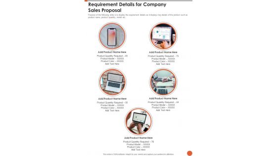 Requirement Details For Company Sales Proposal One Pager Sample Example Document Requirement Details For Company Sales Proposal One Pager Sample Example Document