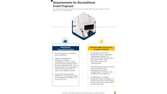 Requirements For Recreational Event Proposal One Pager Sample Example Document