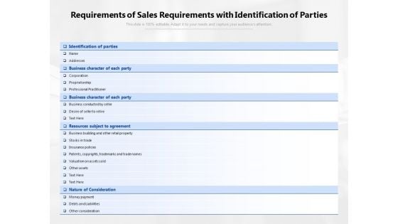 Requirements Of Sales Requirements With Identification Of Parties Ppt PowerPoint Presentation Gallery Graphic Images PDF