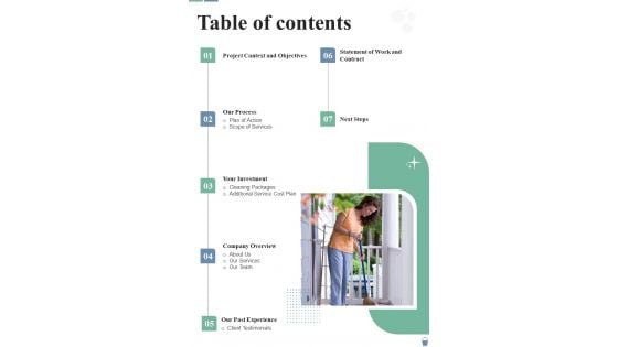 Residential Building Cleansing Services Contractor Bid Proposal Table Of Contents One Pager Sample Example Document