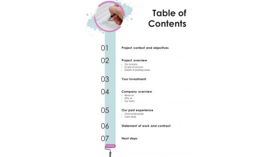 Residential Building Painting Proposal Table Of Contents One Pager Sample Example Document