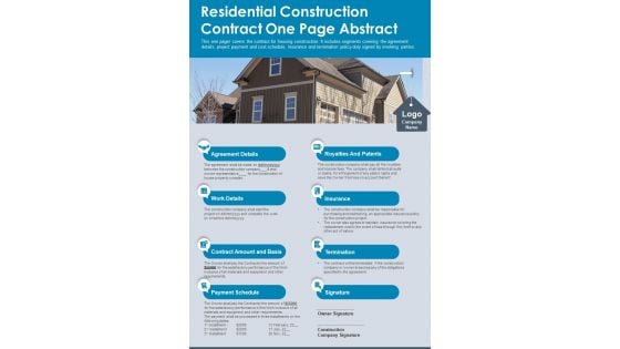 Residential Construction Contract One Page Abstract PDF Document PPT Template