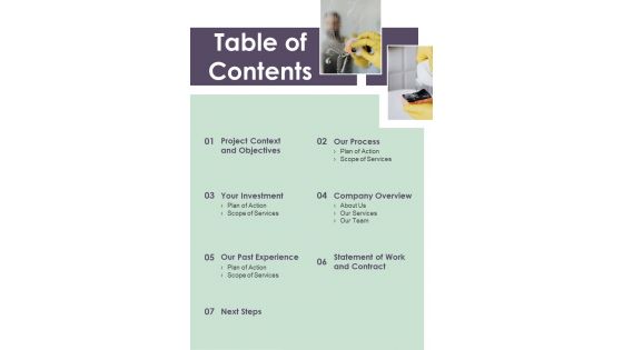 Residential House Cleaning Services Proposal Table Of Contents One Pager Sample Example Document