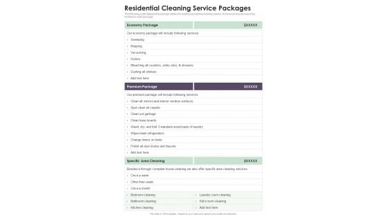 Residential House Cleaning Services Residential Cleaning Service Packages One Pager Sample Example Document