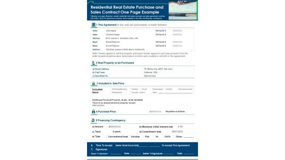 Residential Real Estate Purchase And Sales Contract One Page Example PDF Document PPT Template Residential Real Estate Purchase And Sales Contract One Page Example PDF Document PPT Template