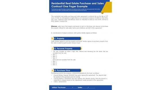 Residential Real Estate Purchase And Sales Contract One Pager Example PDF Document PPT Template