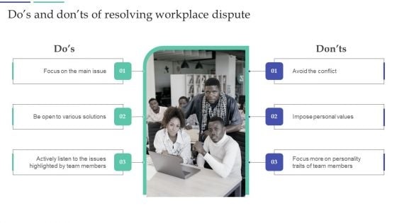 Resolving Team Disputes In Organization Dos And Donts Of Resolving Workplace Dispute Icons PDF