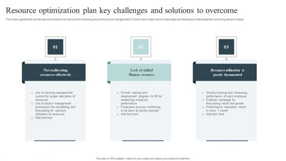 Resource Optimization Plan Key Challenges And Solutions To Overcome Diagrams PDF