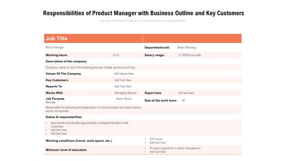 Responsibilities Of Product Manager With Business Outline And Key Customers Ppt PowerPoint Presentation Outline Example Introduction PDF